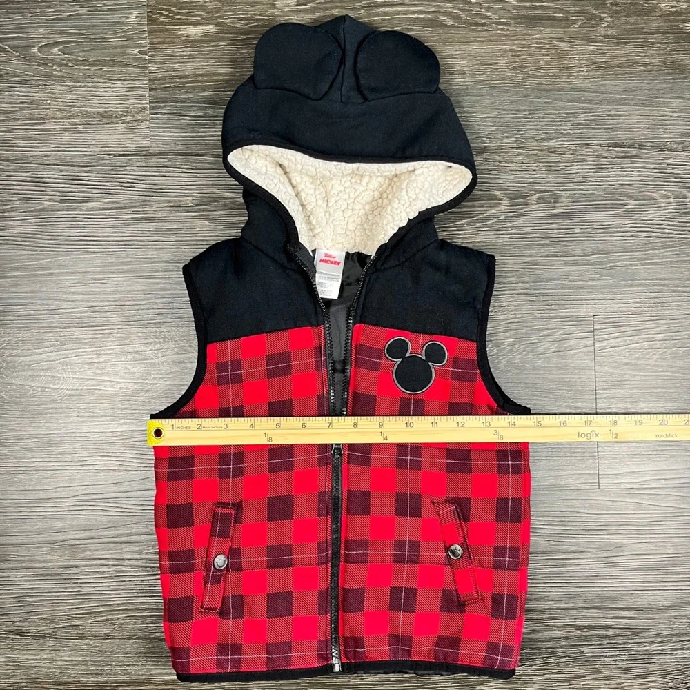 Disney Mickey Mouse Kids Red Buffalo Plaid Hooded Puffer Vest Ears Size 6 Unisex